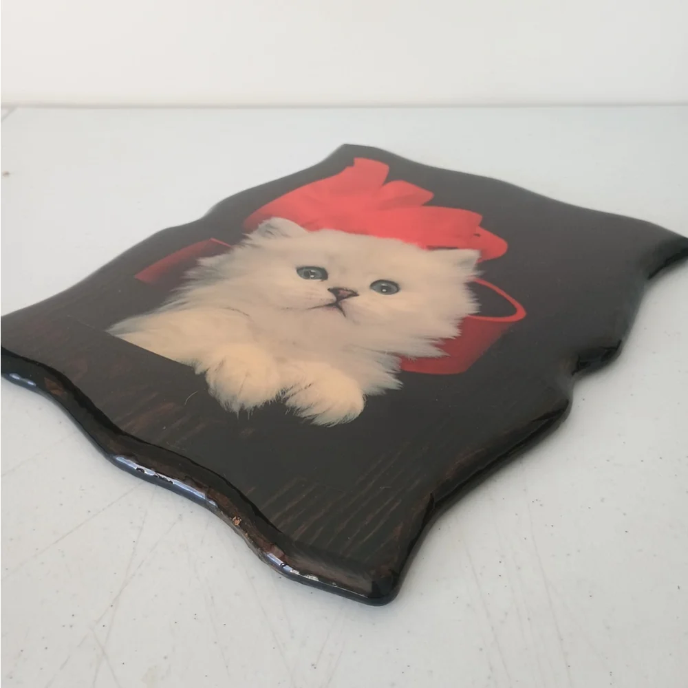 Vintage Lacquered Wood White Persian Cat Kitten W/ Red Bow Plaque